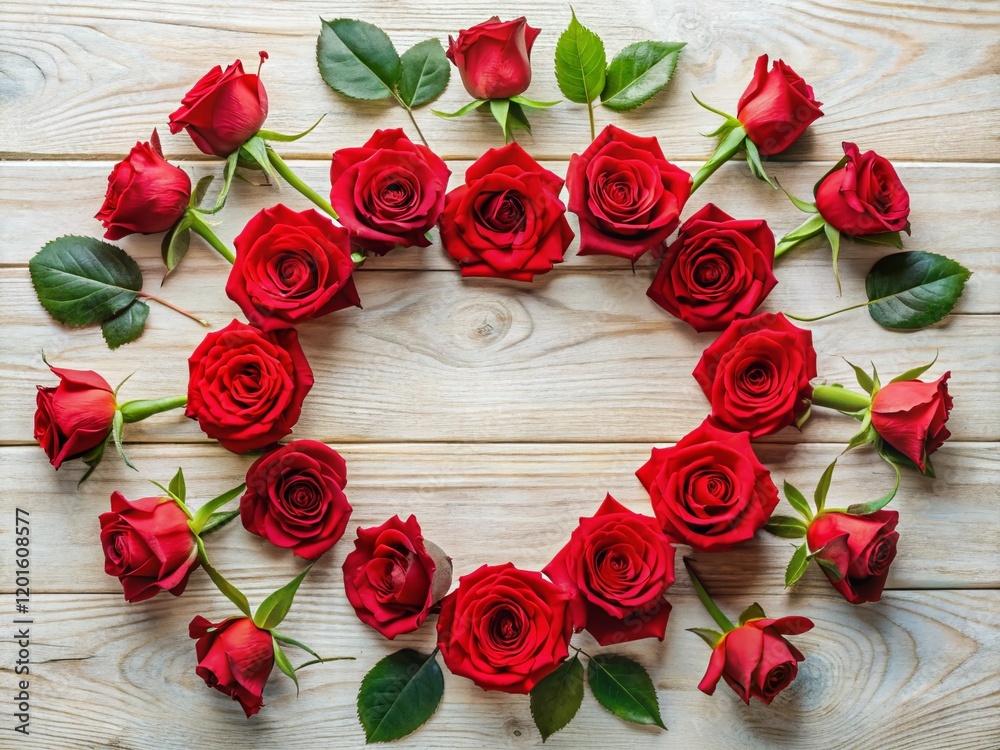Valentine's Day Red Roses Circle on White Wood Background - Romantic Top View Valentine's Day Red Roses Circle on White Wood Background - Romantic Top View