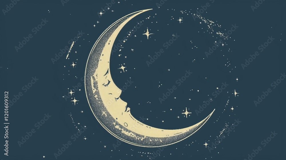 Naklejka premium A stylized crescent moon with a face, surrounded by stars, creating a dreamy night sky atmosphere.