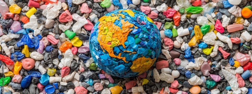 Obraz premium Polluted Earth Covered in Garbage and Plastic Waste, Environmental Crisis, Global Pollution, Climate Change, Sustainability, Eco Awareness