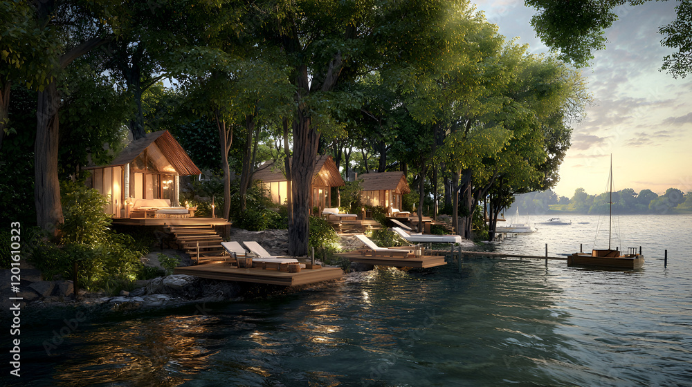 Lakeside cabins sunset tranquil waterfront resort relaxation Lakeside cabins sunset tranquil waterfront resort relaxation