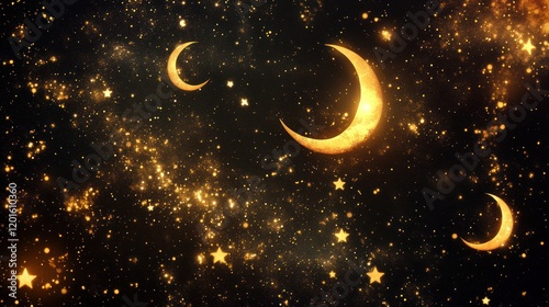 Golden Celestial Dreamscape: A Night Sky Adorned with Crescent Moons and Shimmering Stars