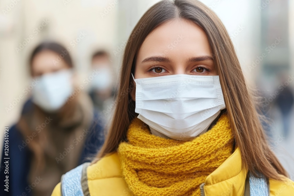 Young woman wearing a face mask and yellow scarf in a busy street during the pandemic Young woman wearing a face mask and yellow scarf in a busy street during the pandemic