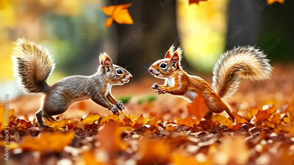 Two playful squirrels running through colorful autumn leaves. Two playful squirrels running through colorful autumn leaves.
