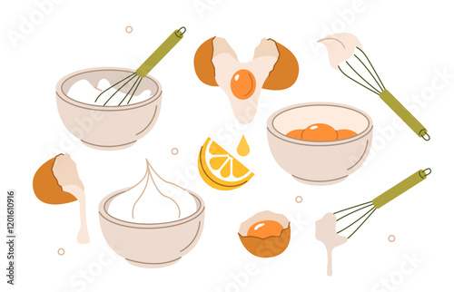 Food stickers set. Separate egg yolk, whisk egg whites instruction collection. Raw eggs, whisk, bowl and other cooking elements. Modern cartoon concept. Vector illustration.