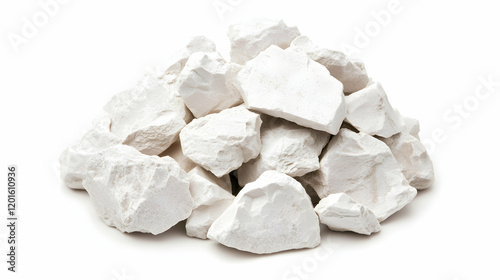 White kaolin clay pile isolated on white background; industrial material, cosmetic ingredient