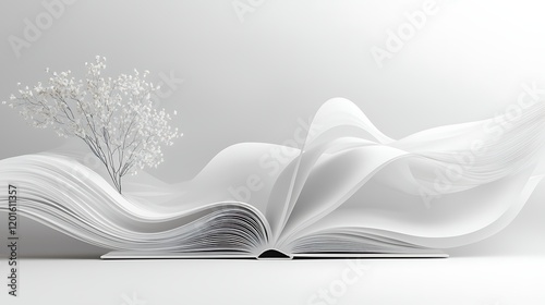 Open book, flowing pages, tree, white background; education, reading, knowledge concept