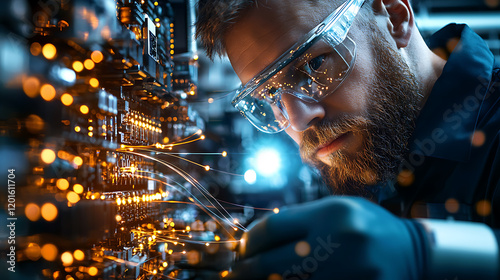 Engineer working on fiber optic cables with precision and focus, showcasing advanced technology and attention to detail