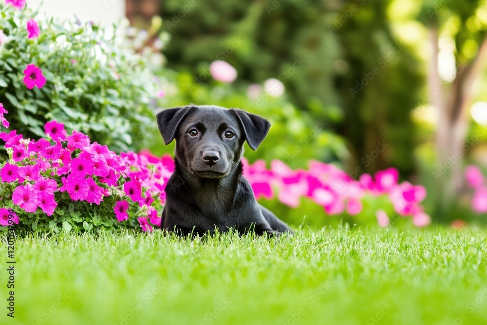 Black Labrador puppy with pink petunias on a green grass background. Black Labrador puppy with pink petunias on a green grass background.