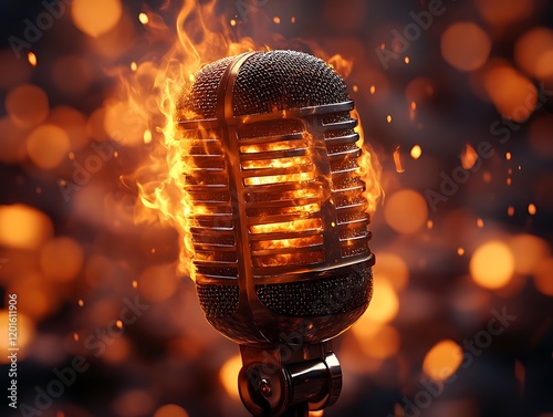 Futuristic vector graphic of a vintage microphone morphing into a radiant sun, symbolizing the warmth of music ::2 musical radiance, vibrant rays, melodic flames, creative energy, white background,  photo