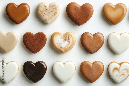 Gourmet coffee latte art with intricate heart designs, neutral background, minimalist props, soft lighting