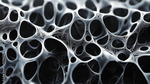 Abstract grayscale 3D render of intricate network structure, resembling a complex organic cellular or spongy material, showcasing detailed lines and textures.