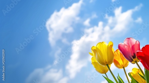 Fototapeta Naklejka Na Ścianę i Meble -  Tulips with blue sky and clouds