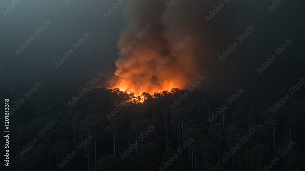 Fototapeta premium Fiery Blaze Illuminates Dense Jungle at Night