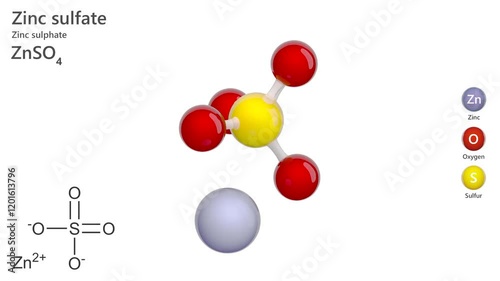 Zinc Sulfate. Animated 3D model of a molecule. Molecular formula: ZnSO4. Chemical model: Ball and stick. White background. 3D rendering. Seamless loop. photo