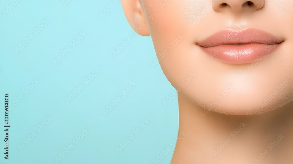 Close-up of woman's lips, smooth skin, pastel blue background, beauty product advertisement Close-up of woman's lips, smooth skin, pastel blue background, beauty product advertisement