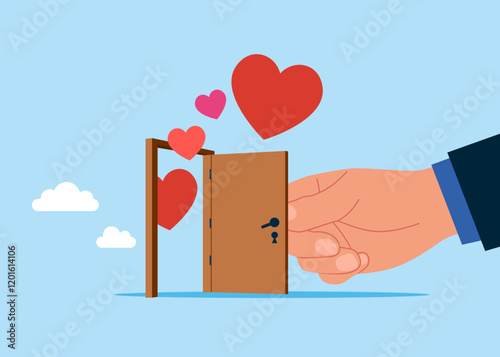 Opening a door with hearts. Open for new relationship, heal heart broken or divorce and relationship problem. Vector illustration in flat style.