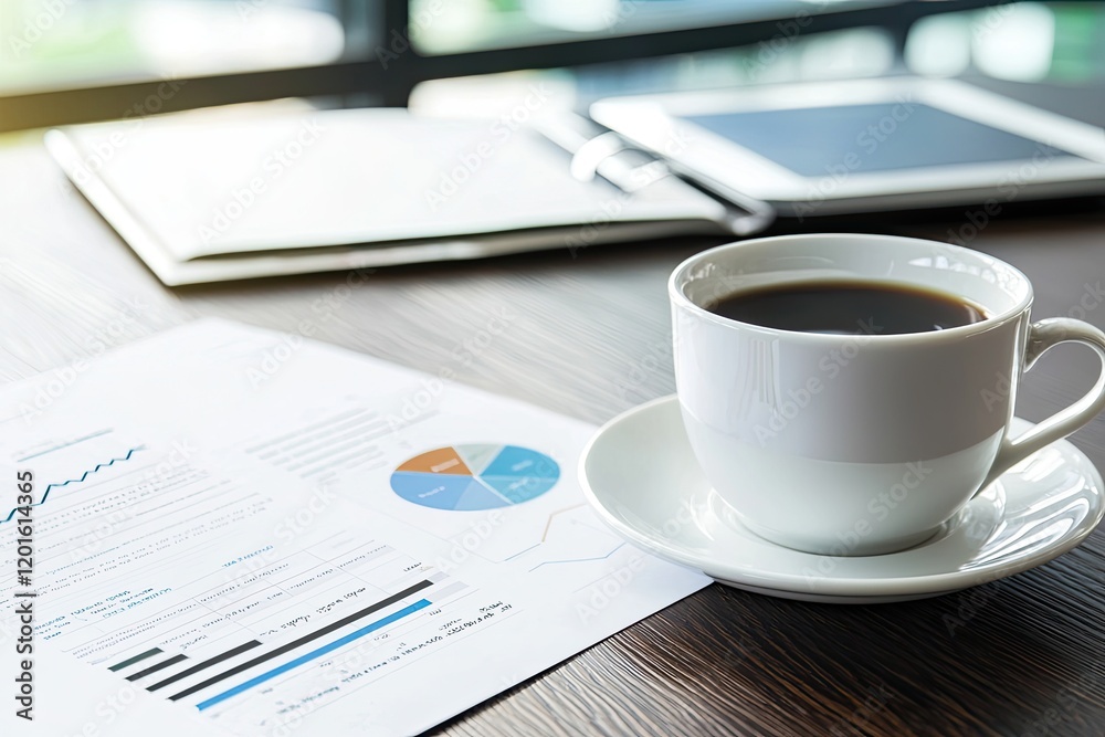 minimalist workspace featuring a financial planning worksheet and a coffee cup, symbolizing clarity towards savings goals minimalist workspace featuring a financial planning worksheet and a coffee cup, symbolizing clarity towards savings goals
