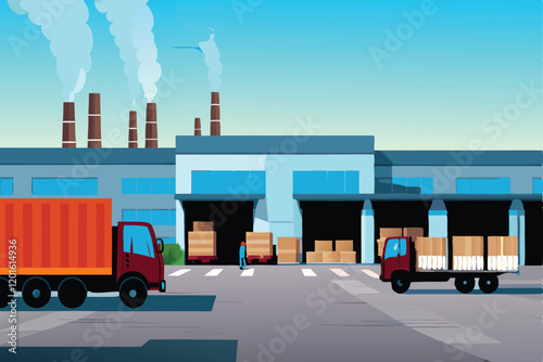 A bustling factory exterior illustration, showcasing a vibrant and active industrial scene with workers, machinery, and smoke stacks.
