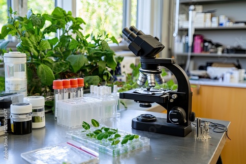 Microscope on a clean workspace with an array of glass slides exhibiting unique biological specimens