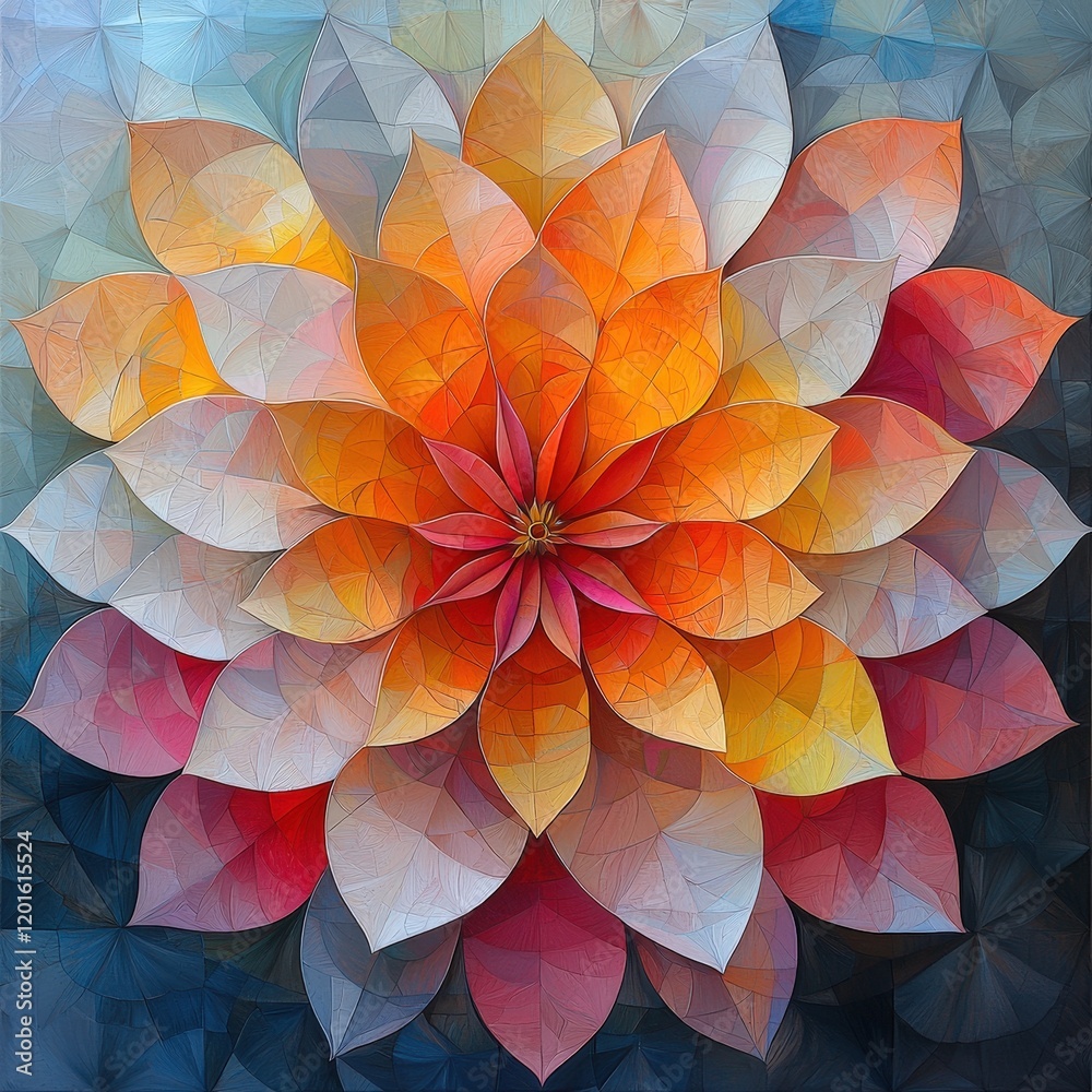 A vibrant stylized flower with layered petals in warm hues. Ideal for backgrounds, textile designs, or wall art.