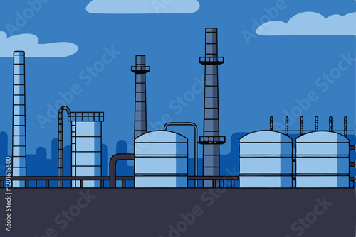 A detailed and colorful illustration depicting a bustling oil refinery with towering structures, pipelines, and industrial machinery.