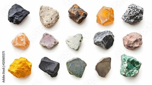 Colorful mineral collection samples on white background, ideal for geology or science education