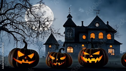 halloween night full mansion spooky moon houseat haunted horror scene halloween creepy pumpkins background evil halloween night moon house pumpkin autumn holiday silhouette castle bat haunted tree photo