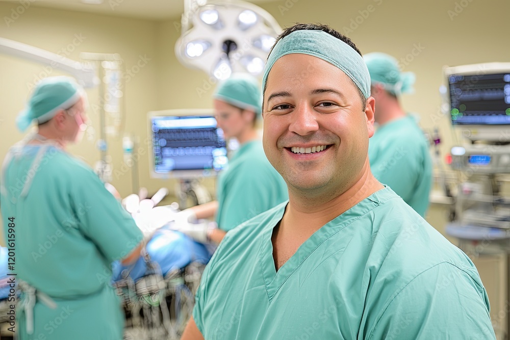 Obraz premium Dynamic image of a surgical team in an operating room, surrounded by high-tech medical tools, capturing teamwork and precision, neutral background