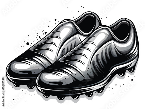 A futuristic, metallic illustration of laceless soccer boots.  The boots should have a sleek, aerodynamic design.  The metal should have a polished, reflective finish.