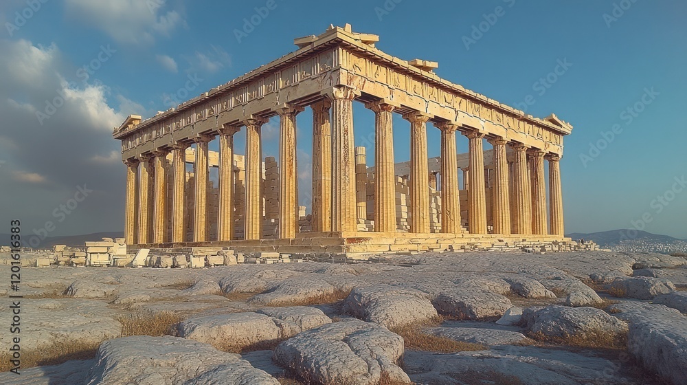 Obraz premium Athenian Acropolis sunset, ancient Greek temple, historical landmark