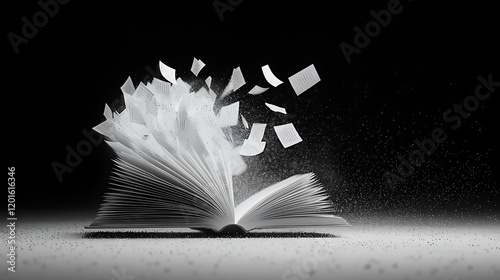 Open book, pages flying, dark background, knowledge concept, education photo