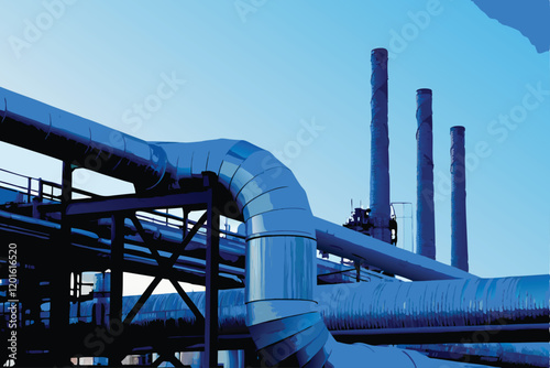 A vast industrial landscape dominated by interconnected pipelines snaking across the ground, with smoke billowing from chimneys in the distance.
