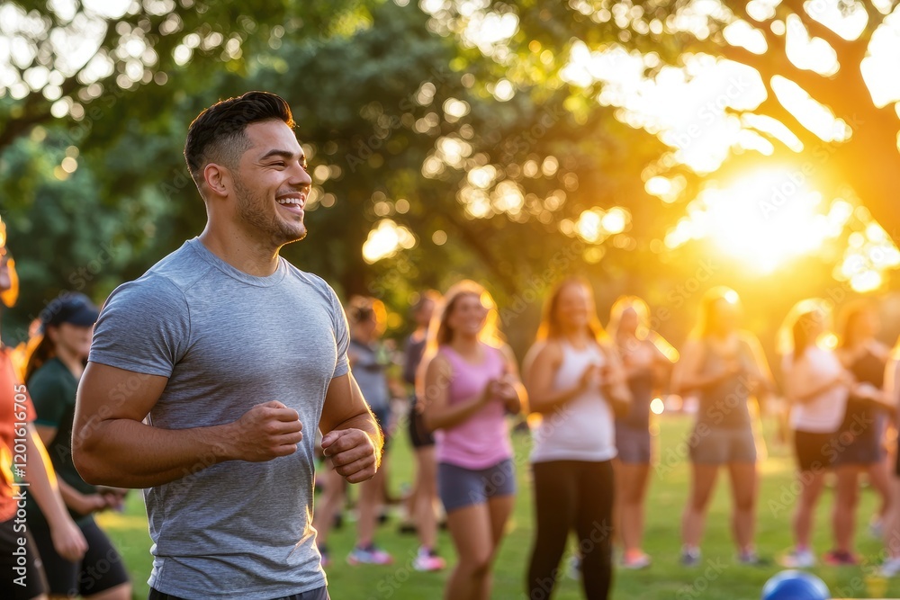 Obraz premium Fitness coach leading a group exercise session outdoors, focusing on community wellness and engagement
