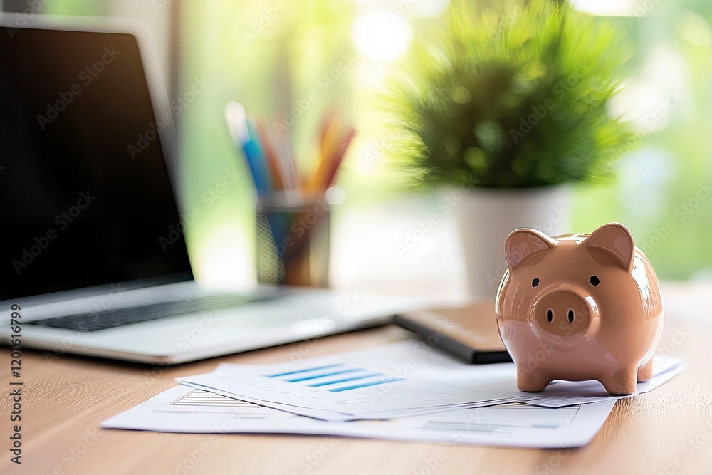 Young couple budgeting with a laptop, documents, and a piggy bank on a table, clean backdrop Young couple budgeting with a laptop, documents, and a piggy bank on a table, clean backdrop