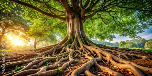 Close-up of a tree's roots system with branches and leaves, highlighting the underground network that sustains the tree's life, leaf, natural world, forest, plant