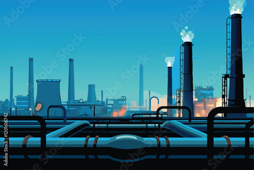 A dramatic, gritty industrial skyline dominated by towering factories, smoke stacks belching plumes of smoke, and a network of intricate pipelines snaking across the landscape.