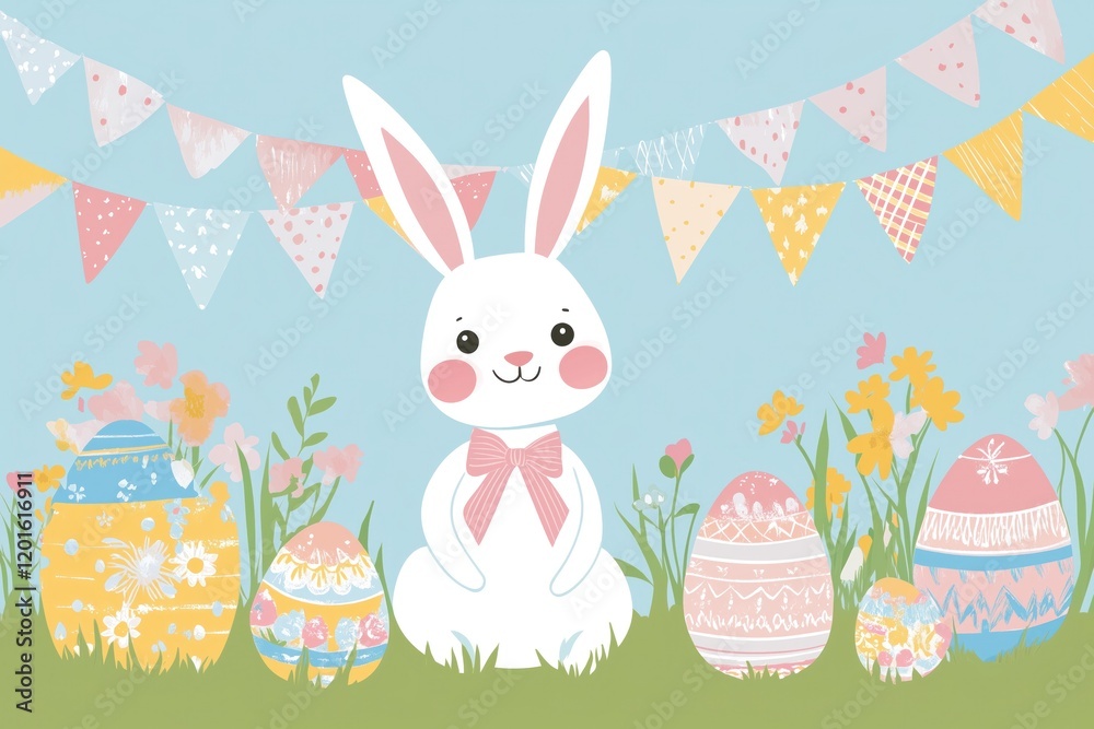 Easter bunny sitting in grass with decorated eggs and festive banners Easter bunny sitting in grass with decorated eggs and festive banners