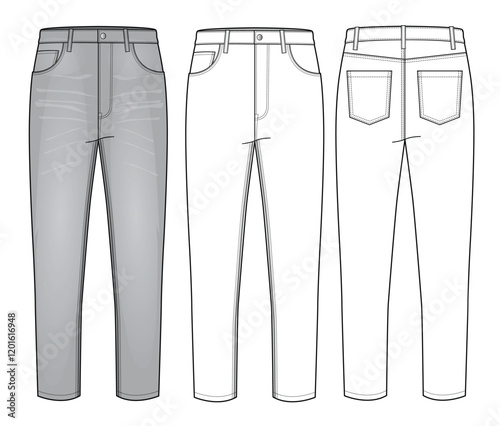 Girls skinny jeans front and back view technical flat drawing vector mockup illustration.
