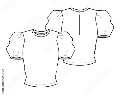 Puff sleeve top front and back view technical illustration vector mockup template.