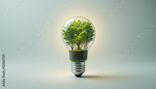 A glowing green light bulb sprouting a lush plant symbolizes eco-friendly energy and innovative environmental solutions photo