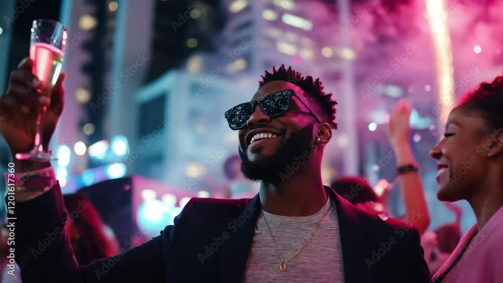 A man is holding a champagne glass and smiling while surrounded by people. Scene is celebratory and joyful A man is holding a champagne glass and smiling while surrounded by people. Scene is celebratory and joyful