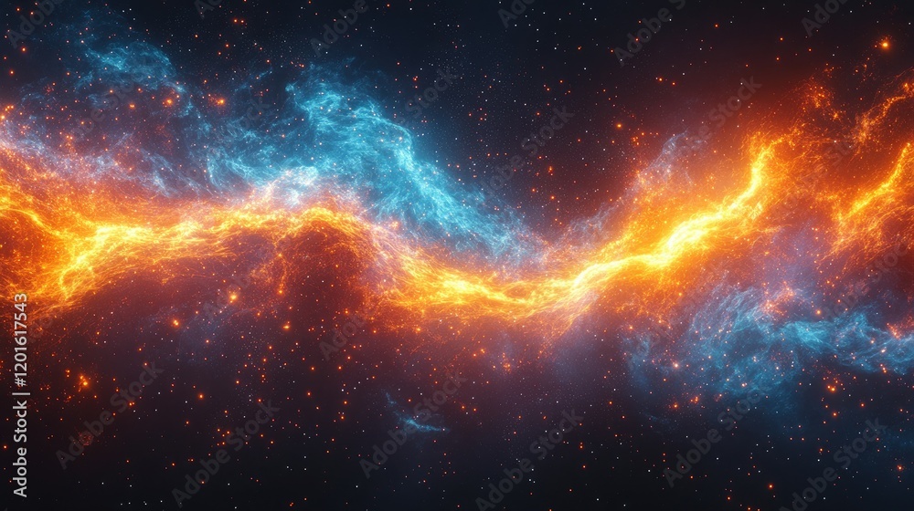 Vibrant cosmic nebula with swirling orange and blue gases illuminated against a starry backdrop Vibrant cosmic nebula with swirling orange and blue gases illuminated against a starry backdrop
