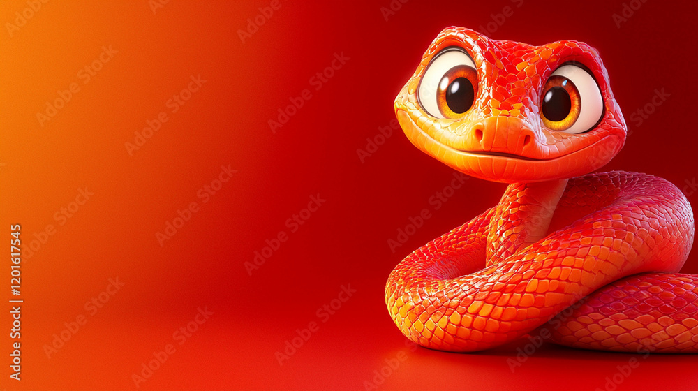 Fototapeta premium whimsical cartoon snake with curled body and bright red color shows friendly face