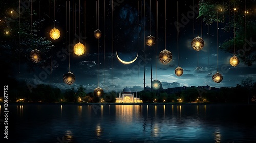 Night scene Crescent moon, illuminated mosque by lake, hanging lights, celebration photo