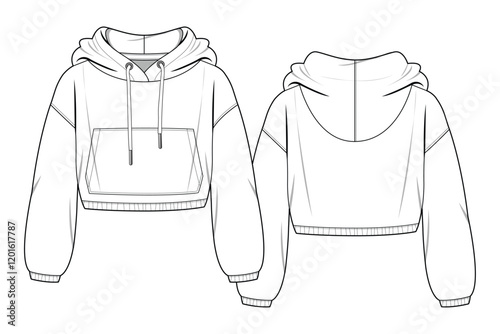 Ladies oversized cropped hoodie front and back view design technical flat sketch vector mockup template.