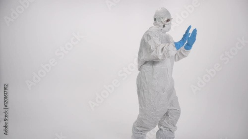 A scared and arrested scientist in PPE on a white background.