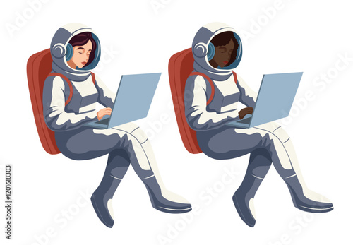 Vector clip arts set of African and European women astronauts with laptop. Illustration of spacewomen in space. Freelance work. Flat illustration for stickers