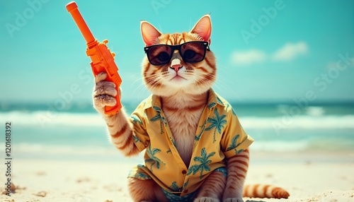 Cool Cat on Beach with Water Gun Summer Fun photo