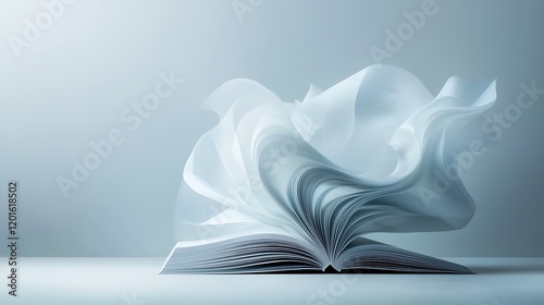 Open book, pages swirling, light background, knowledge concept, education