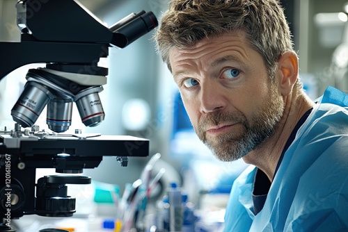medical technician examining tissue samples with a microscope, clinical setting, soft focus background